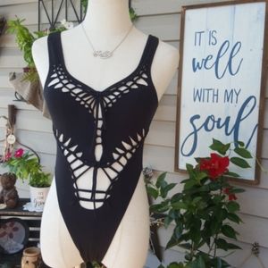 JUMPING JOY ♡ Vintage Sexy Black Body-Web Spandex One Piece Cut Out Body Suit S
